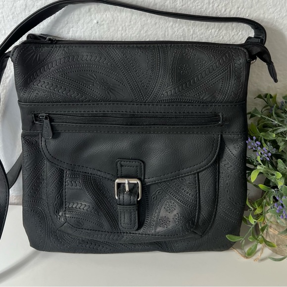 MultiSac Crossbody Bag Purse Black Textured Vinyl Medium Pockets Zipper Boho - Picture 11 of 13